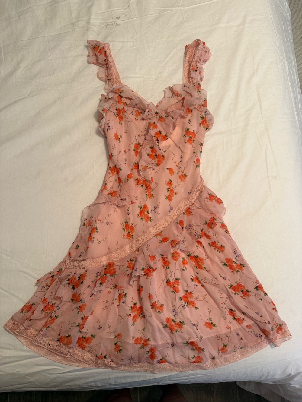 LoveShackFancy Pink Mini Dress with Orange Floral Print